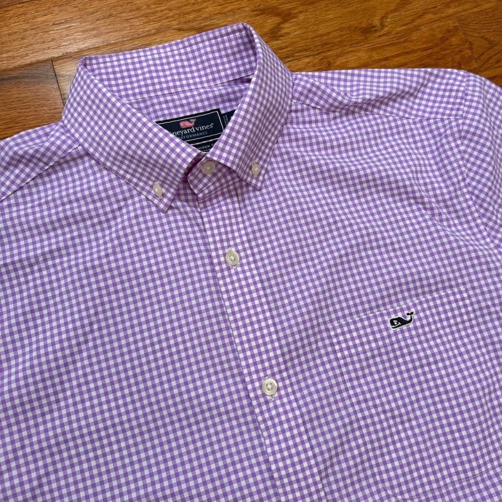 Vineyard Vines Performance Button Down Shirt Mens Medium Purple Gingham Nylon
